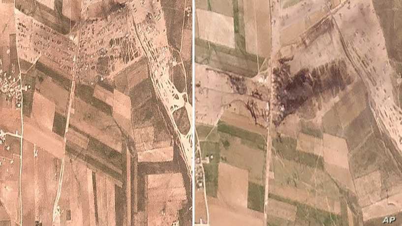 صورة أقمار صناعية تظهر مكان الاستهداف الروسي لبلدة ترحين شرق حلب (AP)