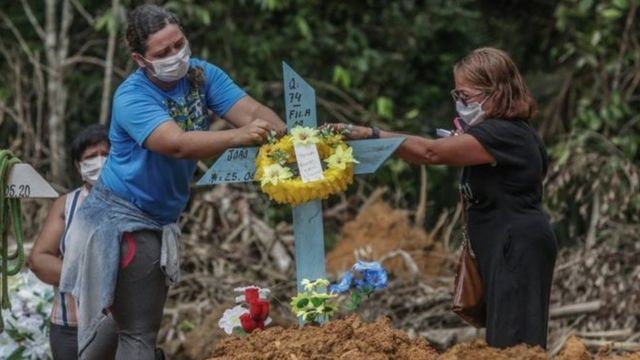 دفن أحد المتوفين جراء فايروس كورونا في البرازيل (GETTY)