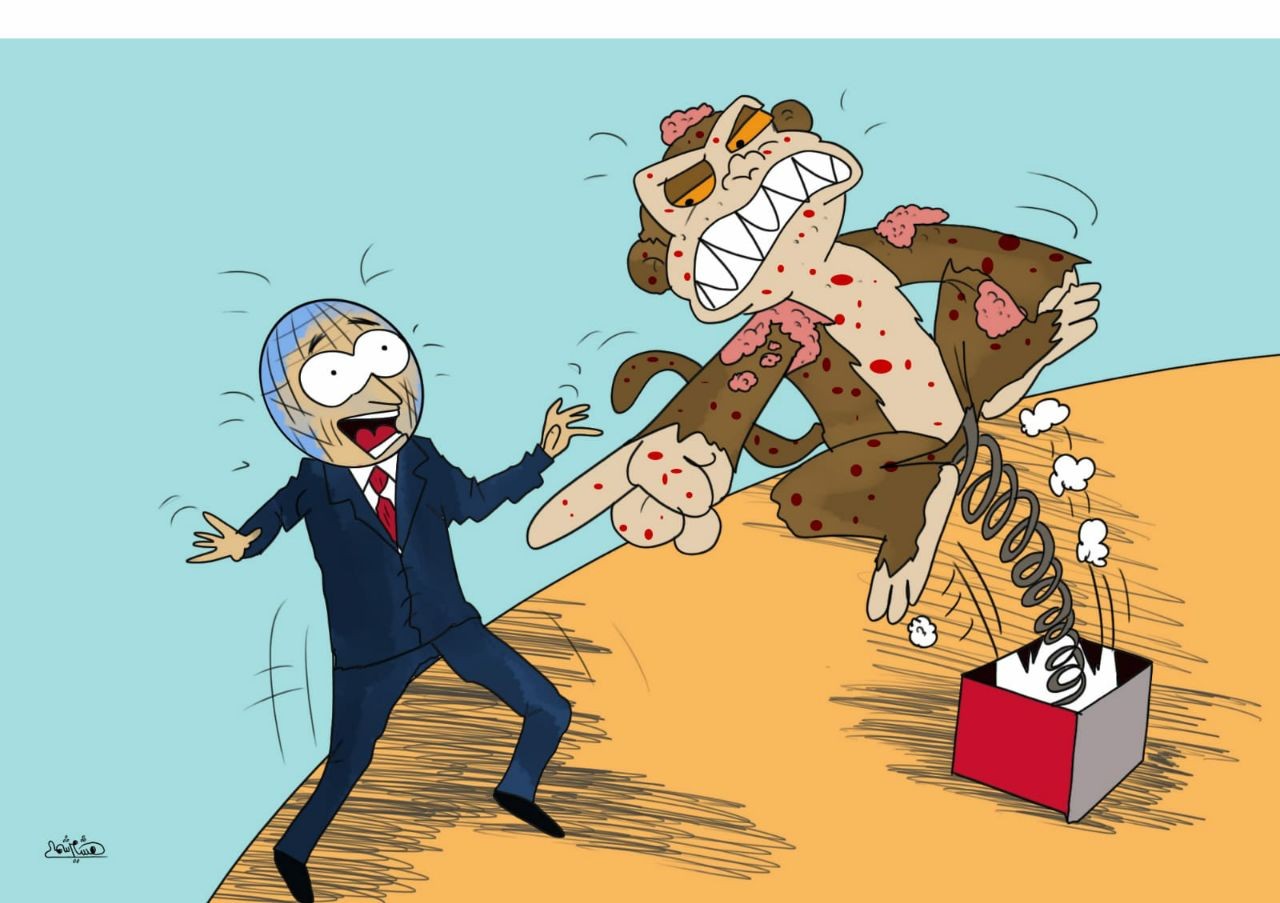 لوحة كاريكاتير لهشام شمالي تتناول وباء جدري القردة (السوري اليوم)