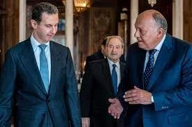 وزير خارجية مصر سامح شكري يتحدث مع رئيس النظام السوري بشار الأسد