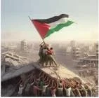 علم فلسطين يرفع قوق دمار في غزة