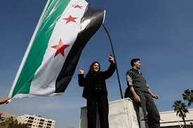 شباب يرفعون علم الثورة السورية