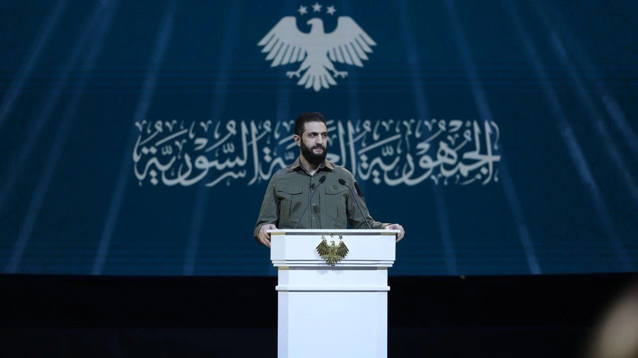 الرئيس أحمد الشرع  يلقي كلمة خلال احتفالية الذكرى السنوية الأولى للتحرير في قصر المؤتمرات بدمشق