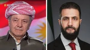 الرئيس أحمد الشرع ورئيس حزب  الديمقراطي الكردستاني مسعود برزاني