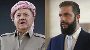 الرئيس احمد الشرع والزعيم الكردي العراقي مسعود برزاني