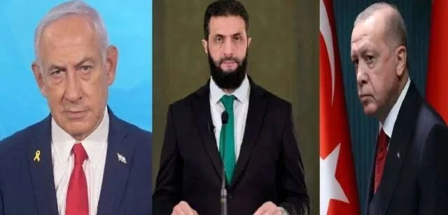 الرئيس التركي رجب طيب أوردغان والرئيس السوري احمد الشرع ورئيس وزراء دولة الاحتلال بنيامين نتنياهو