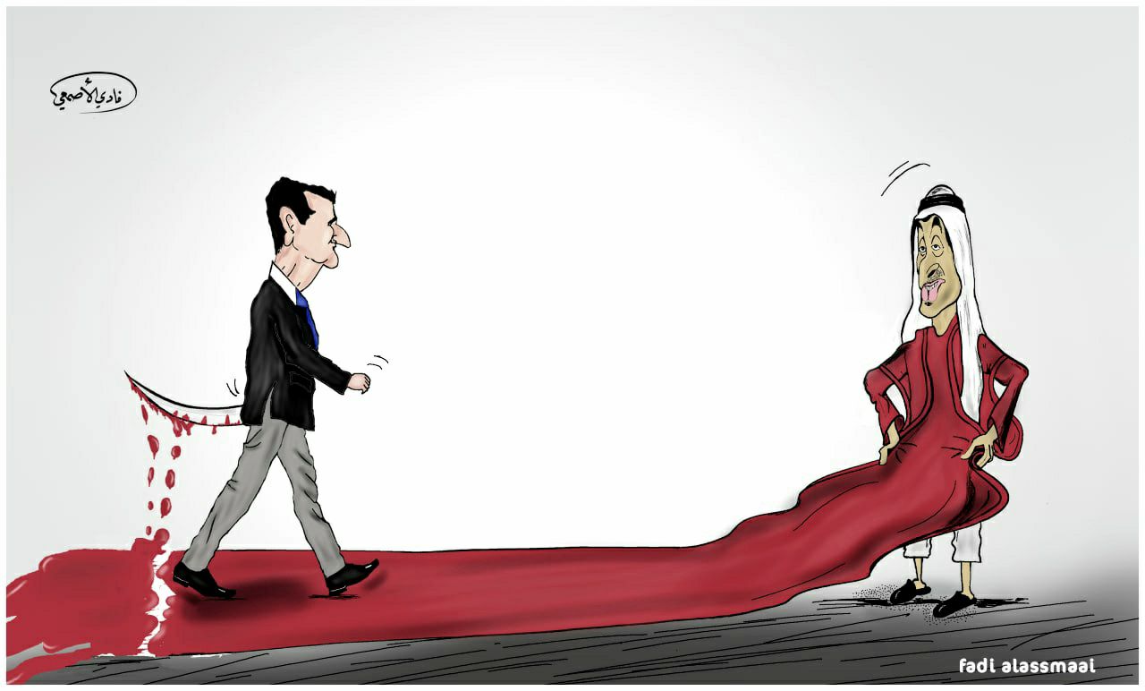 كاريكاتير لـ فادي الأصمعي بعنوان "إعادة تدوير الأسد من العباءة الإماراتية"